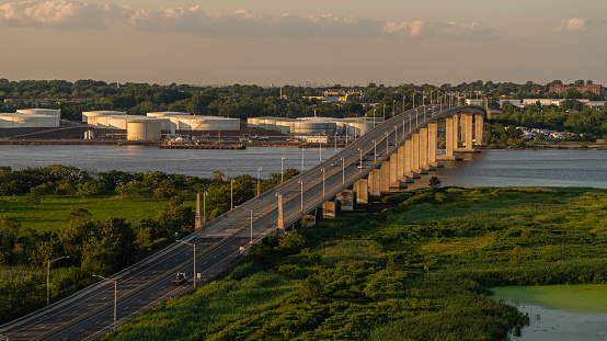 Aerial view on the Victory Bridge over the Raritan River, New Jersey, in the evening before the sunset.