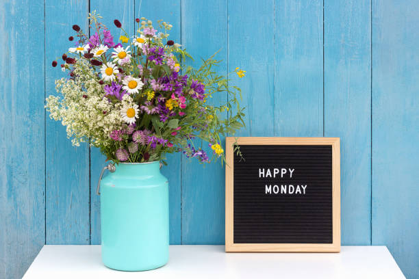 Happy Monday words on black letter board and bouquet of bright wild flowers in tin can vase on table against blue wooden wall. Concept Hello Monday stock photo
