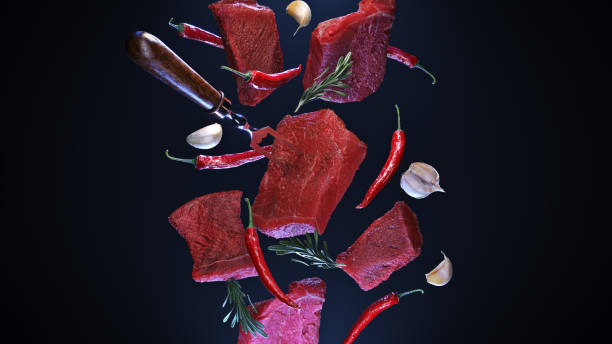 istock Flying pieces of meat . 3d rendering 1328076981
