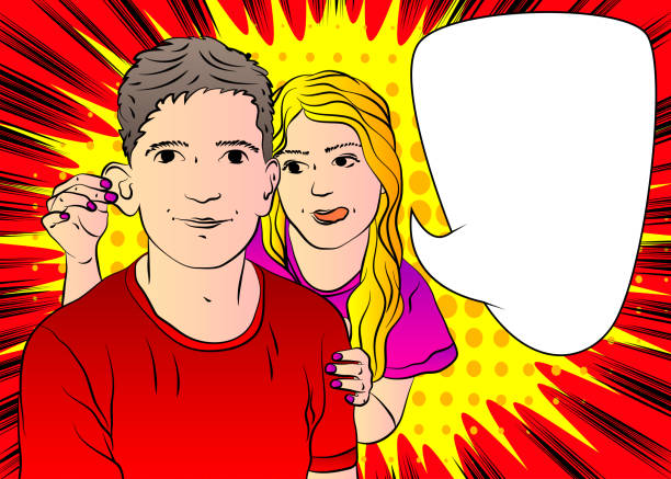 Woman pulling on her boyfriend's ears. Woman pulling on her boyfriend's ears. Fun or punishment concept. Caucasian funny man with face expression. Comic book style vector illustration. comic book women pop art distraught stock illustrations