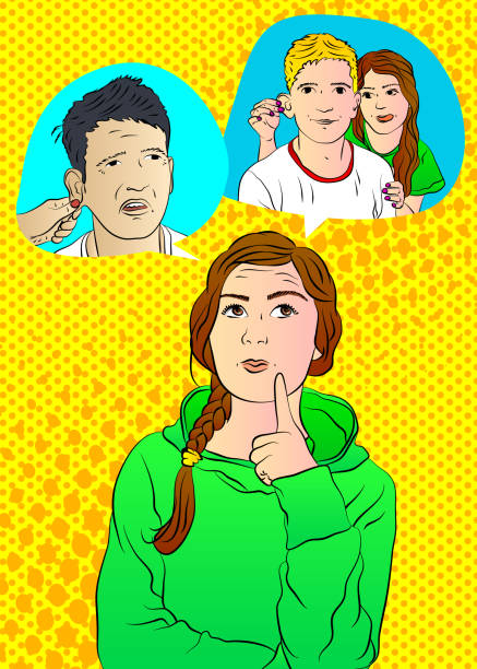 Woman pulling on her boyfriend's ears. Woman pulling on her boyfriend's ears. Fun or punishment concept. Caucasian funny man with face expression. Comic book style vector illustration. comic book women pop art distraught stock illustrations