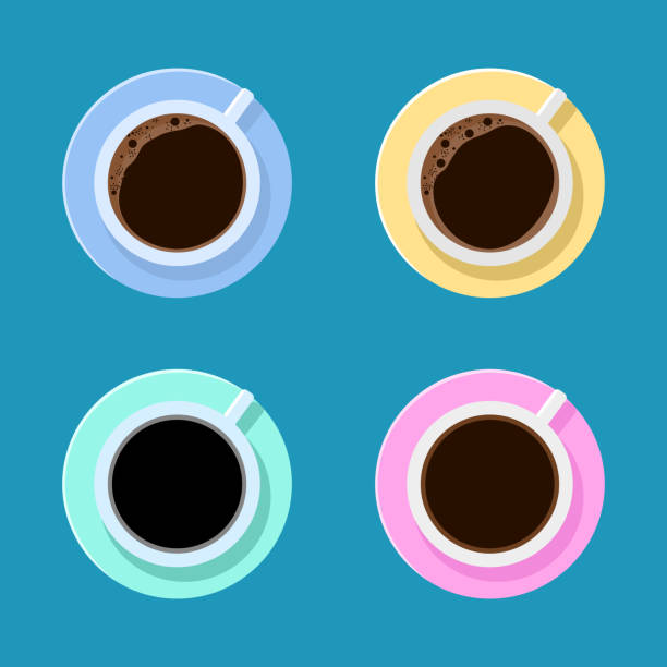 ilustrações de stock, clip art, desenhos animados e ícones de set of coffee mugs with colorful hot drinks. top view coffee cup. vector illustration - coffee top view