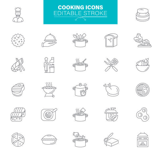 illustrazioni stock, clip art, cartoni animati e icone di tendenza di icone di cottura tratto modificabile. contiene icone come ristorante, cibo, padella, ebollizione - pan frying pan fried saucepan