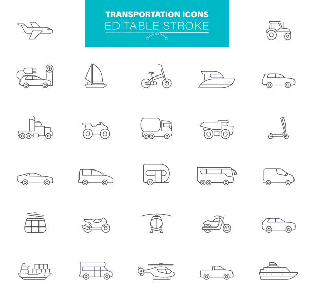 illustrations, cliparts, dessins animés et icônes de contour modifiable des icônes de ligne de transport - animal powered vehicle