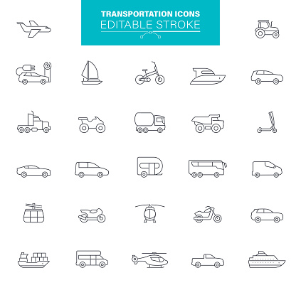 Transportation icons editable strokes or outlines. Set contains icon as bicycle, car, light rail, subway, bus, airplane, yacht, motorcycle