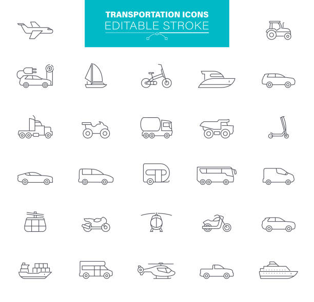 Transportation Line Icons Editable Stroke Transportation icons editable strokes or outlines. Set contains icon as bicycle, car, light rail, subway, bus, airplane, yacht, motorcycle transportation icons stock illustrations