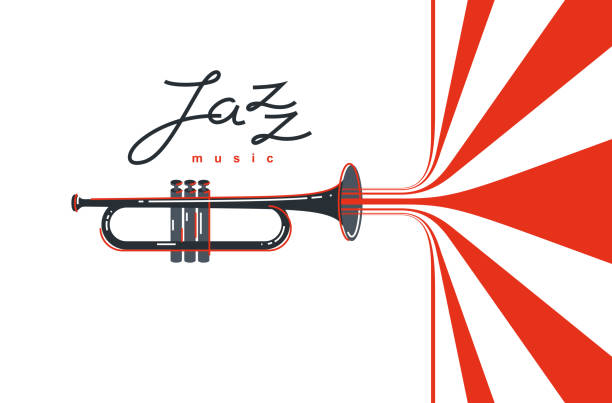 재즈 음악 엠블럼 또는 로고 벡터 플랫 스타일 일러스트레이션 고립, 녹음 레이블 또는 스튜디오 또는 뮤지컬 밴드를위한 트럼펫 로고 타입. - brass instrument jazz brass trumpet stock illustrations