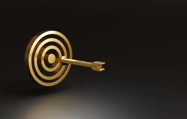 Photo of Realistic virtual golden dartboard with arrow on dark background with copy space for setup business objectives target concept,creative ideas by 3d rendering technique.