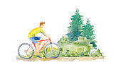 istock A young man is riding a bicycle outside the city in the summer. The painting was created in watercolor. 1328097428
