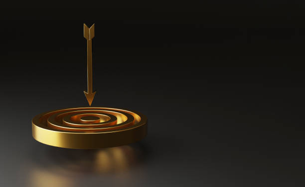 dardo d'oro virtuale realistico con freccia su sfondo scuro con spazio di copia per il concetto di destinazione degli obiettivi aziendali di configurazione, idee creative con tecnica di rendering 3d. - target aspirations number leisure games foto e immagini stock