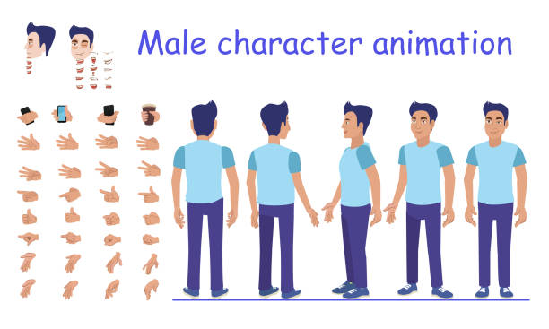 ilustrações de stock, clip art, desenhos animados e ícones de male character animation. body parts, hands position and facial expressions. character key frames to create your own animation. - two dimensional shape