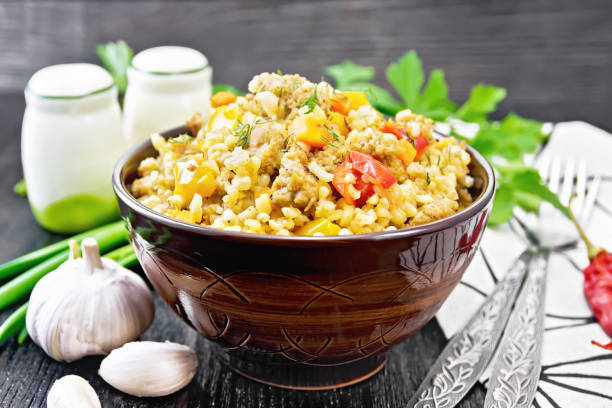 istock Barley porridge with minced meat in bowl on board 1328099121