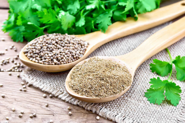 istock Coriander ground and seeds in two spoons on burlap 1328099948