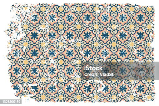 istock Ceramic Tiles Retro Oriental Grunge Background with Azulejos Portuguese Spanish Vintage Design 1328100159