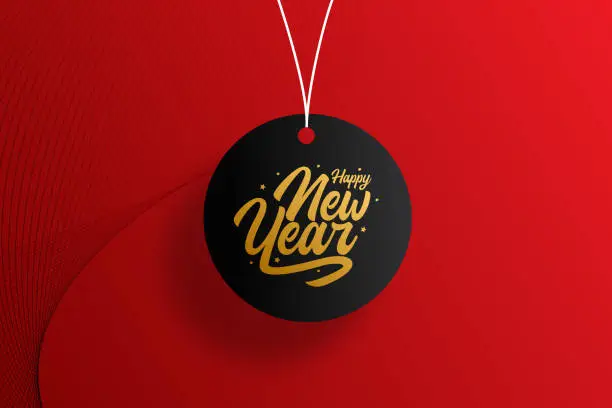 Vector illustration of Happy new year vector illustration. Sale tag stock illustration with red background.