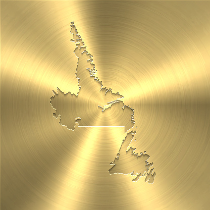 Map of Newfoundland and Labrador on a golden background with an embossing effect. Realistic circular brushed metal similar to a gold medal or coin. Vector Illustration (EPS10, well layered and grouped). Easy to edit, manipulate, resize or colorize. Vector and Jpeg file of different sizes.