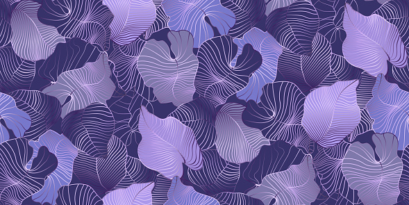 Vector seamless pattern with jungle tropical palm leaves. Luxury gold and purple, violet background. Exotic botanical design for textile, wallpaper, website, wrapping paper, hawaiian style shirt