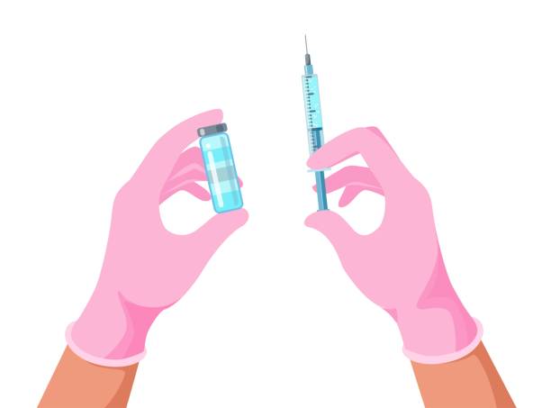 ilustrações, clipart, desenhos animados e ícones de o médico está com luvas médicas segurando frasco de vacina e seringa. - injeção insulina luva