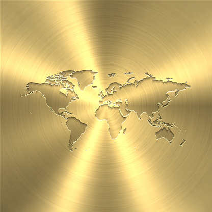 Map of World on a golden background with an embossing effect. Realistic circular brushed metal similar to a gold medal or coin. Vector Illustration (EPS10, well layered and grouped). Easy to edit, manipulate, resize or colorize. Vector and Jpeg file of different sizes.