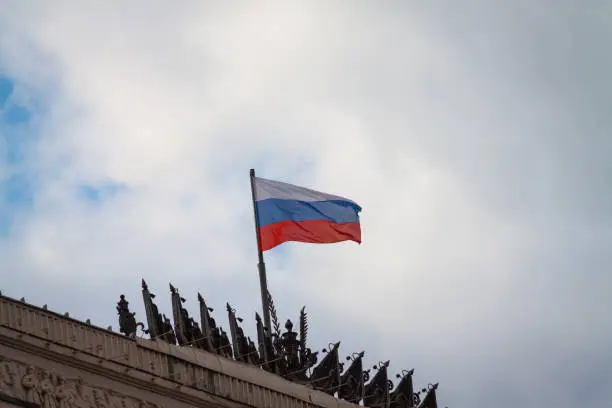 Flag of the Russian Federation over The Ministry of Defence of the Russian Federation main building.
