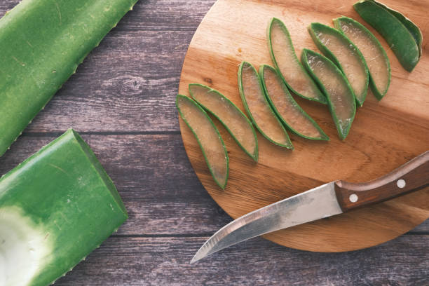 Close-up Fresh Aloe vera sliced on a chopping board