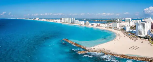 Aerial view of Punta Norte beach, Cancun, Mexico. Beautiful beach area with luxury hotels near the Caribbean sea in Cancun, Mexico.