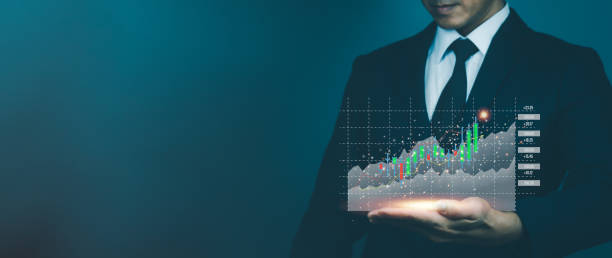 Businessman analyzing sales data and economic growth graph chart. Business strategy. Abstract icon. Digital marketing.