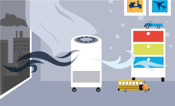 ilustraciones, imágenes clip art, dibujos animados e iconos de stock de purificador de aire en el apartamento - air quality
