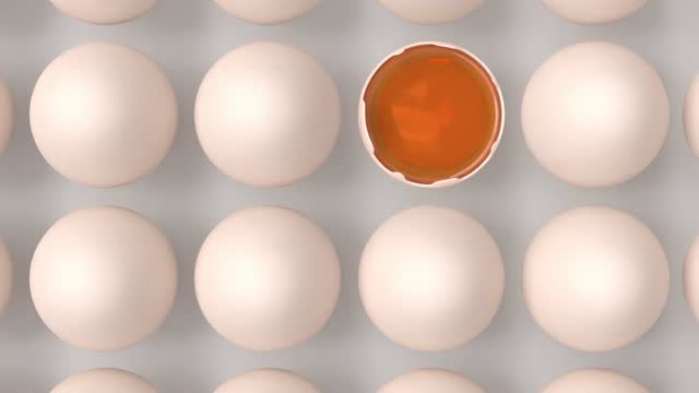 Half Raw Egg is Surrounded by Bunch of White Eggs on White Surface in 4K Resolution