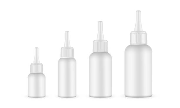 Plastic Bottles Various Sizes with Dropper Long Tip Cap, Isolated on White Background Plastic Bottles Various Sizes with Dropper Long Tip Cap, Isolated on White Background. Vector Illustration medicine bottle top view stock illustrations