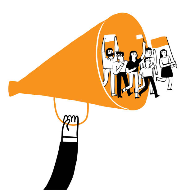 Claim business concept. A protester walks through a megaphone Claim business concept. A protester walks through a megaphone. Vector Illustration Hand drawing doodle style megaphone drawings stock illustrations