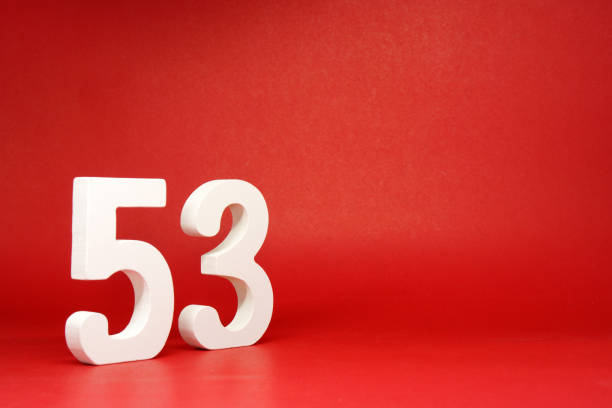 istock Fifty Three ( 53 ) white number wooden Isolated Red Background with Copy Space - New promotion 53% Percentage  Business finance Birthday Celebration Concept 1328126155