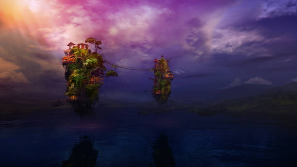 istock Fantastic flying islands with wooden buildings over a mountain lake, 3D render. 1328126164