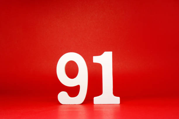 Ninety One ( 91 ) white number wooden Isolated Red Background with Copy Space - New promotion 91% Percentage   Business finance or birthday Concept - advertise banner picture online with copy space