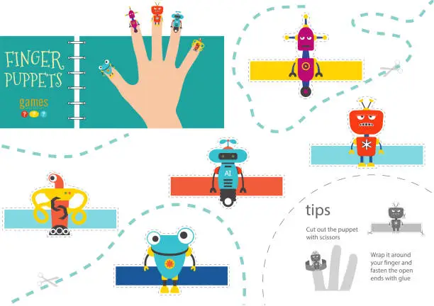 Vector illustration of Finger puppet vector robots. Cut and glue educational worksheet for preschool or school kids