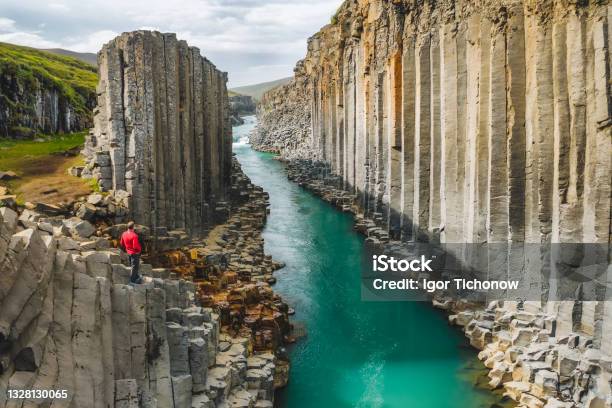 Man Hiker In Red Jacket Visit Studlagil Basalt Canyon With Rare Volcanic Basalt Column Formations Iceland Stock Photo - Download Image Now