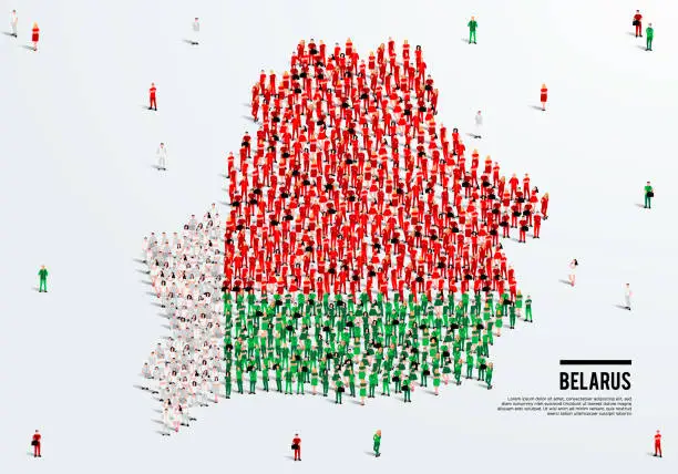 Vector illustration of Belarus Map and Flag. A large group of people in the Belarus flag color form to create the map. Vector Illustration.