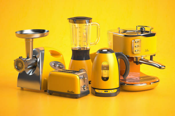 istock Yellow kitchen appliances on yellow background. Set of home kitchen technics. 1328130815
