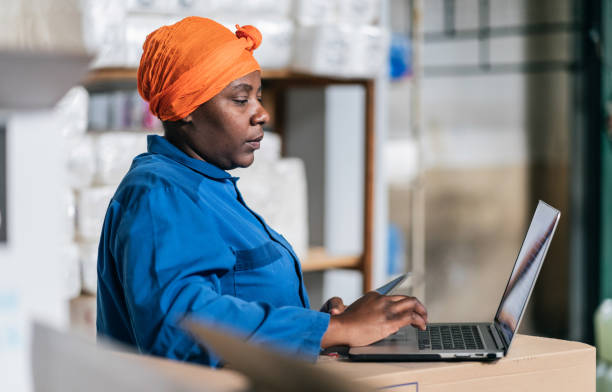 istock Afro female warehouse worker checking the shipment delivery on a laptop in distribution warehouse 1328131491
