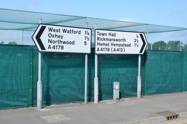 istock Road signs for right and left directions on the A4178 1328131584
