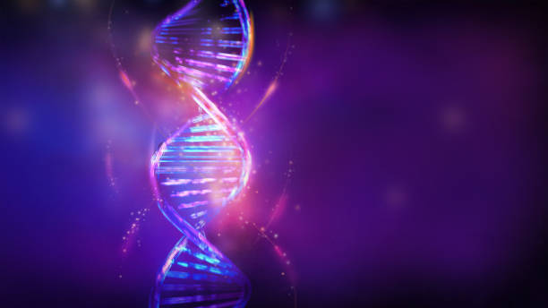 istock Luminous DNA double helix in violet blue colors, 3D render. 1328131791