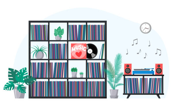 ilustrações de stock, clip art, desenhos animados e ícones de vinyl collection on shelves and turntable playing vinyl record. stacks of music records in sleeves. interior with home plants and retro audio device with acoustic system. analog music player. vector - pilha roupa velha