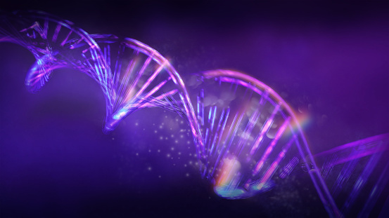 Diagonal model of abstract double helix DNA, glowing in virtual space. 3D render.