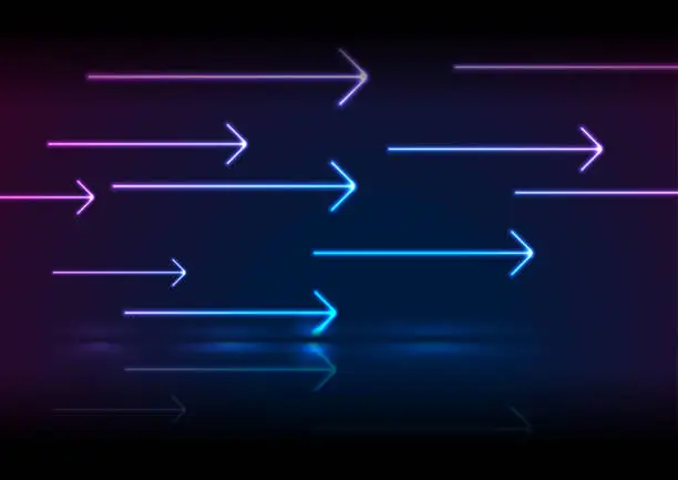 Vector illustration of Blue purple neon arrows tech background with reflection