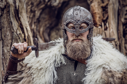 Handsome blonde redhead weapon wielding viking rus warrior outdoors in a wintry forest scene in the morning sun