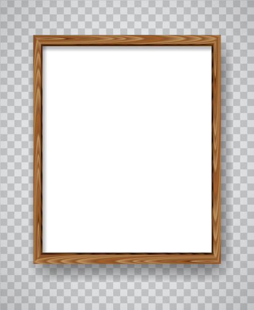 Wood blank frame illustration Realistic minimal rectangular blank wood frame over transparent chequered background. Wooden border vector illustration. wood frame stock illustrations