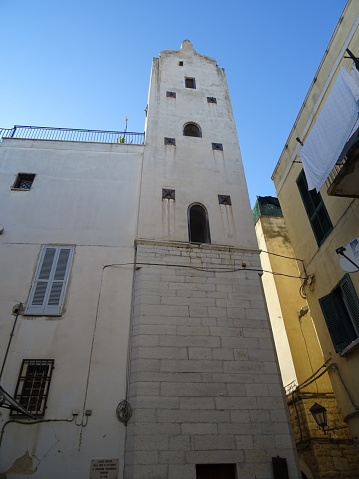 Trani, Province of Barletta-Andria-Trani, Italy - 10 April 2021: Clock tower