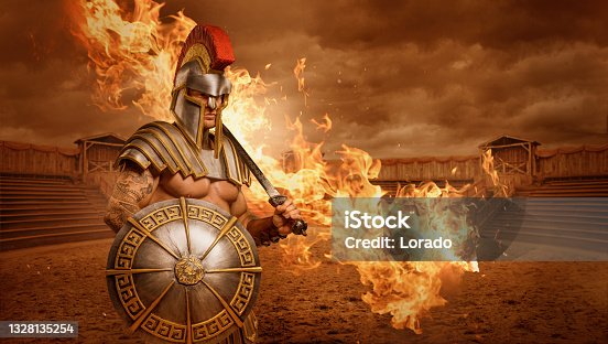 istock A redhead Warrior Gladiator in a fire filled fighting arena 1328135254