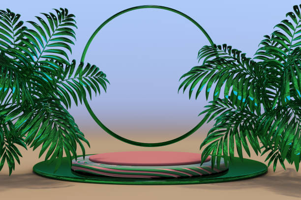 istock 3d abstract minimal geometric shape. Abstract stage podium with tropical palm leaves. 1328135323