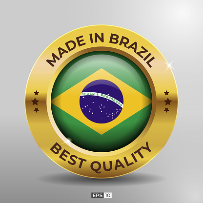 Made in Brazil Label, Logo, Stamp Best Quality Round Flag of Nation with 3D Elegant Gold Glossy Effect